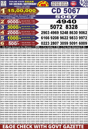 Punjab State Dear 50 Jackal Saturday Weekly Lottery 6:30 PM Result 06-06-26