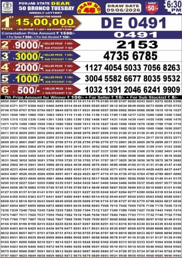 Punjab State Dear 50 Bronco Lottery 6:30 PM Result 09-06-26