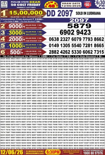 Punjab State Dear 50 Colt Friday Weekly Lottery 6:30 PM Result 12-06-26