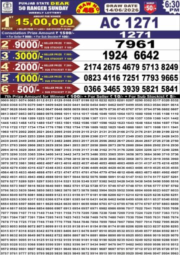 Punjab State Dear 50 Sunday Weekly Lottery 6:30 PM Result 14-06-26