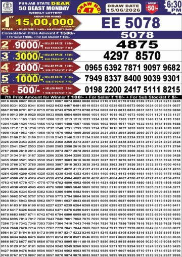 Punjab State Dear 50 Beast Monday Weekly Lottery 6:30 PM Result 15-06-26