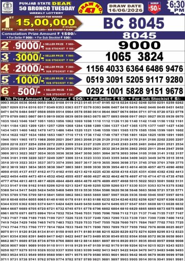 Punjab State Dear 50 Bronco Lottery 6:30 PM Result 16-06-26